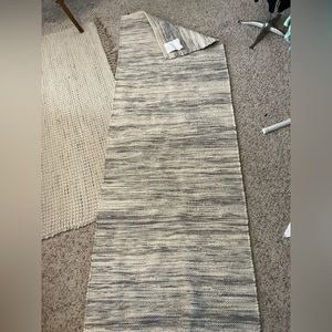 Project 62 wool rug. Metallic stripes. 84in x 28in (7ft) grey,off white, silver